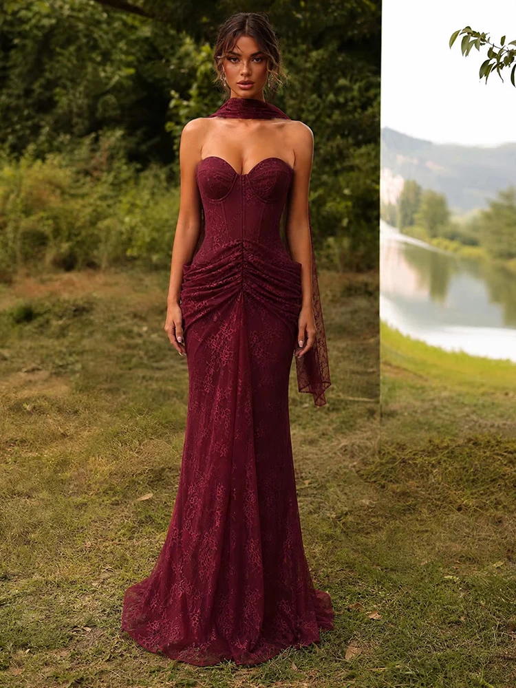 VC Strapless Burgundy Lace Mermaid Evening Dress With Scarf Sweetheart Corset Long Gown For Wedding Guest Prom Party Dress
