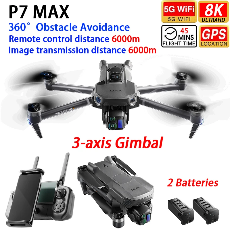 P7 Drone GPS WIFI FPV 6KM 3-axis Gimbal 4K Dual Camera 360° Obstacle Avoidance Quadcopter with 2 Batteries