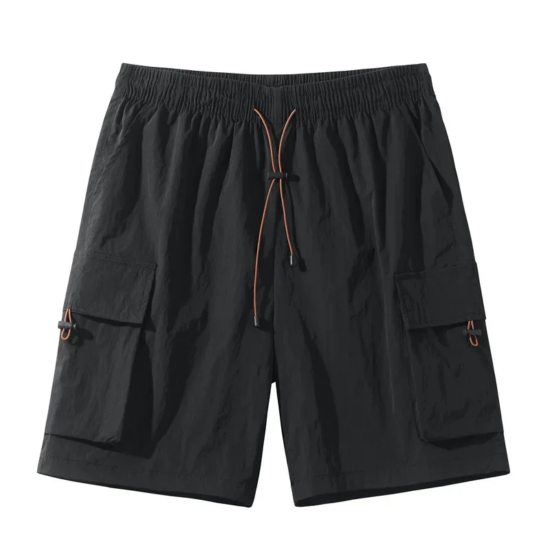 Ice Silk Cargo Shorts Summer New Fashion Men's Outdoor Sports Solid Color Casual Trendy Loose Quick Drying Knee Length Shorts
