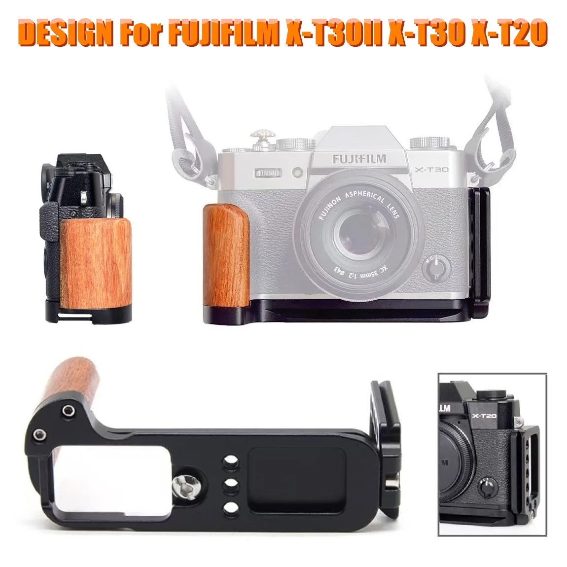 

L-образная клетка для камеры, деревянная рукоятка для камеры Fuji X-T30 II X-T30 X-T20, с быстросъемной пластиной Arca и отверстиями 1/4 дюйма