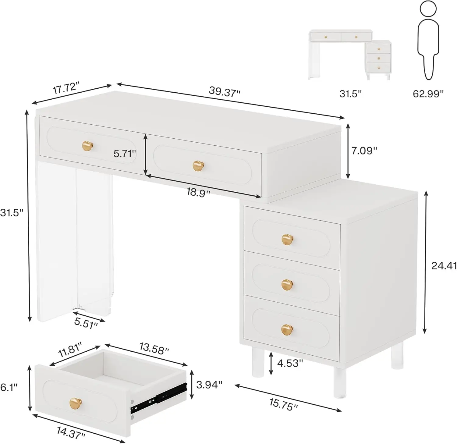 White Desk with 5 Drawers, Modern Computer Desk with Transparent Acrylic Base and Legs, Extendable Study Writing Table