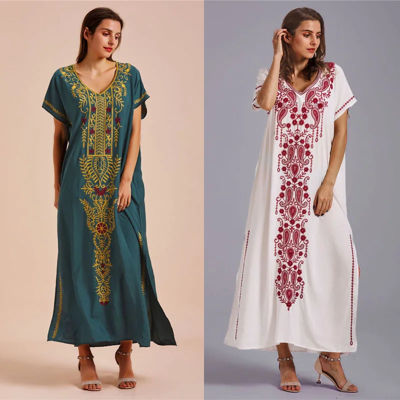 20 ألوان مطرزة بيكيني التستر قفطان ريترو الخامس الرقبة فستان الشاطئ المرأة الصيف ملابس الشاطئ لباس سباحة غطاء المنبثقة رداء دي بلاج