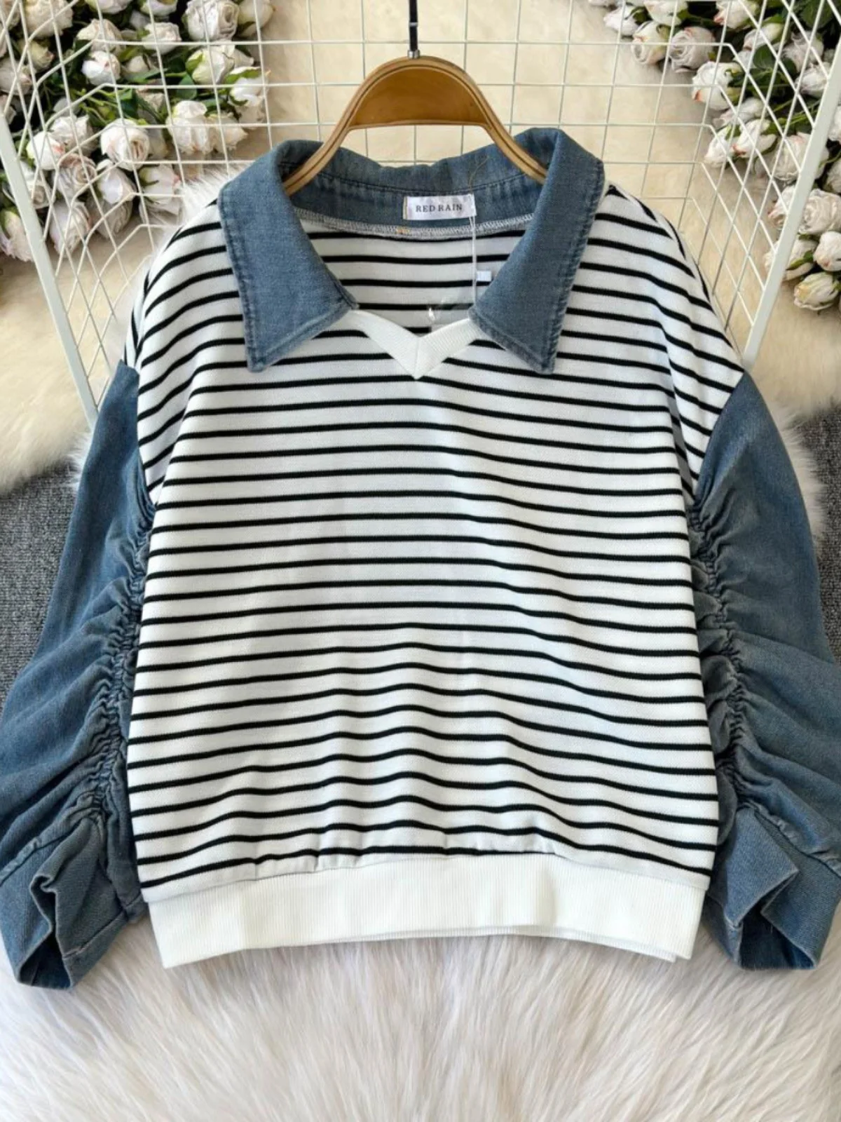 

Korean Style Denim Patchwork Fake Two Pieces Pullovers Women Spring Autumn Fashion Hoodie Female Turn Down Collar Loose Tops