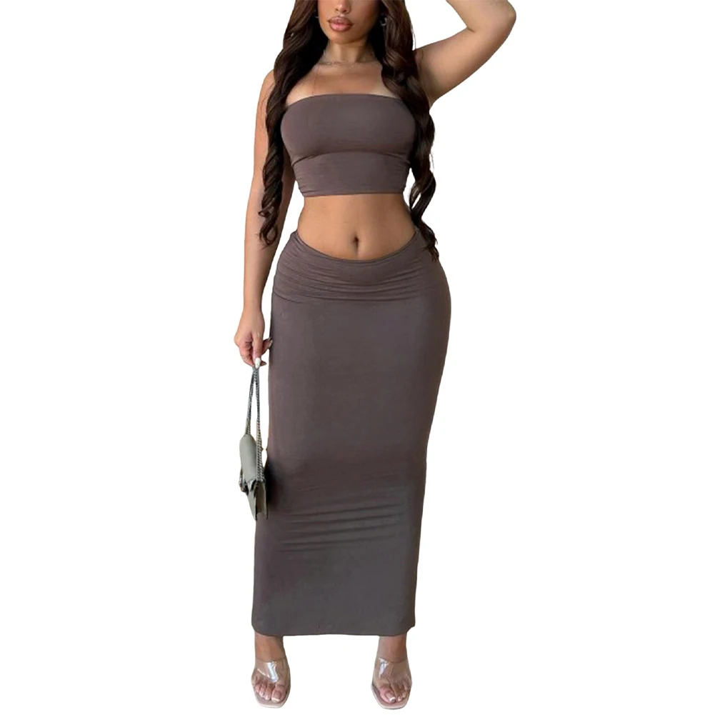 

Women Two Piece Set Summer Women Set Outfit Sleeveless Strapless Tube Top+Elastic Waist Long Skirt Women Clothing Suit