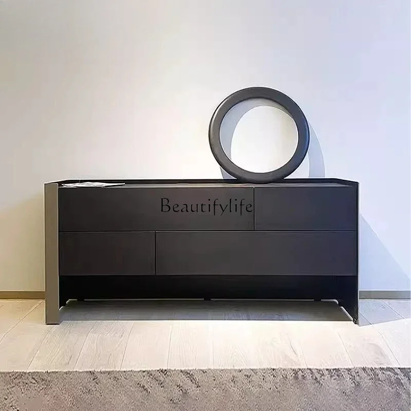 01Italian light luxury solid wood multi-layer board smoked wood leather chest side cabinet