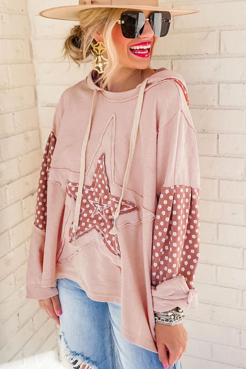 Winter New Star Pattern Hooded Sweatshirt For Women 2024 American Casual Loose Floral Patchwork Pullover For Women Tops