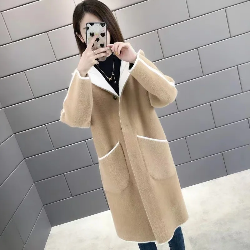 Womens Double Sided Wear Imitation Mink Overcoat Long Hooded Cardigan Sweater Coat Fall Winter Large Size Thicken Knitted Jacket