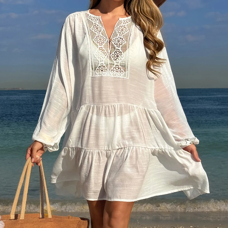 New Style Knitting Sexy Hollow Out Bikini Cover-Ups Women Beach Holiday See-Through Short Sleeve Loose Beachwear Sunscreen Smock