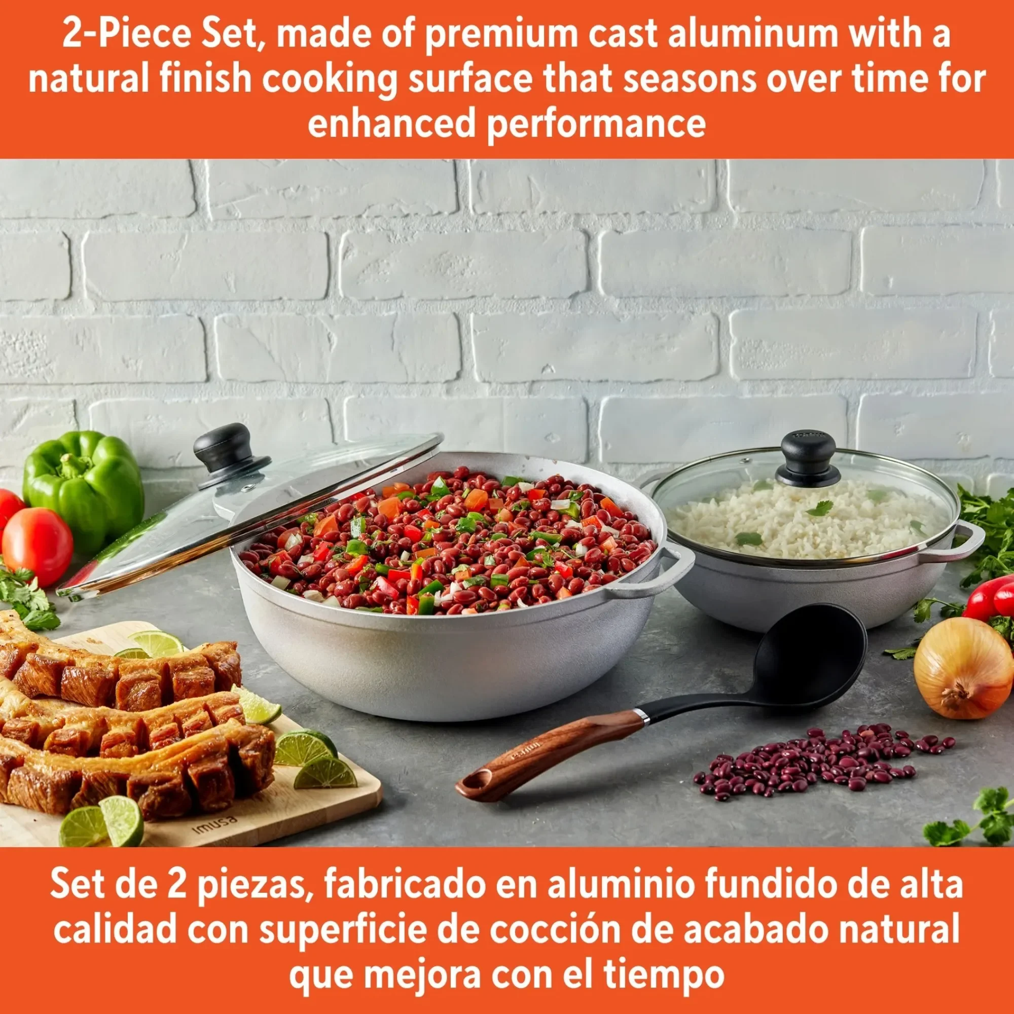 2.5/7.0qt Cast Aluminum 2-Piece Set with Glass Lid 22/30cm, Traditional Cooking Pots for Stews & Rice