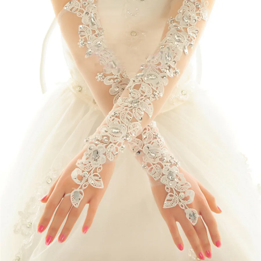 

Bridal Wedding Dress Gloves Rhinestone Chic Long Lace Fingerless Mittens Elegant