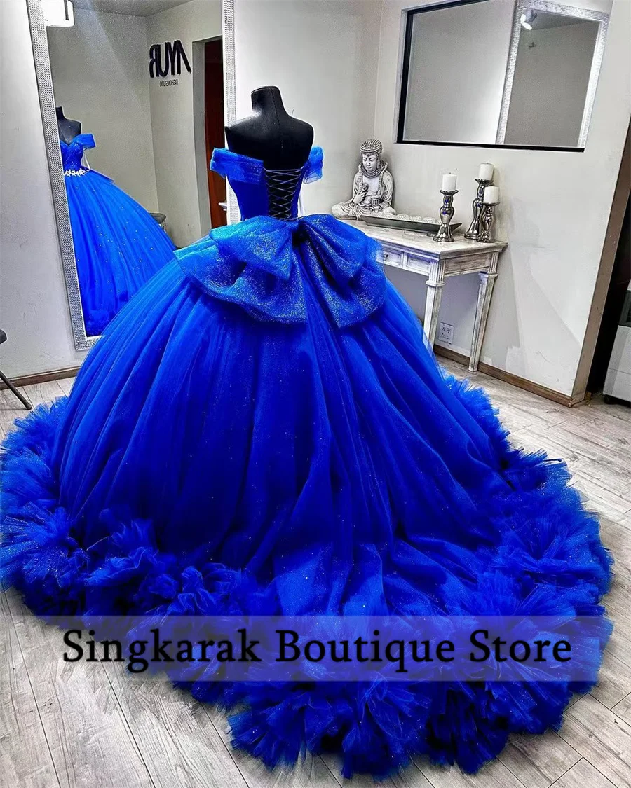 Sparkly Royal Blue Quinceanera Dress con fiocco a strati con volant cristalli Ball Gown Beads Court Train Vestidos De 15 aecos