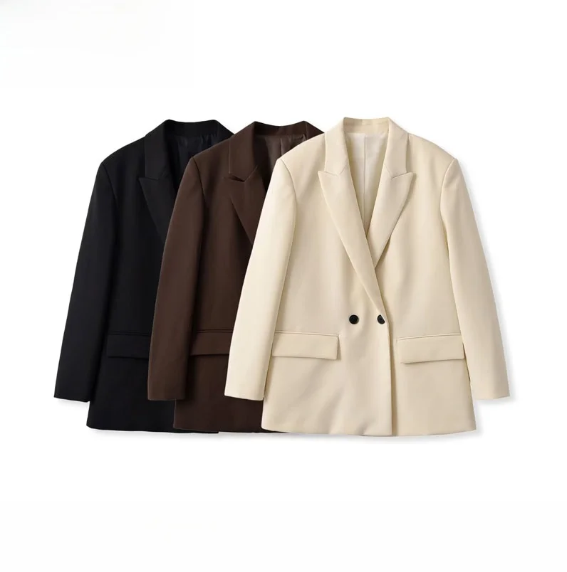 Fashionable ZR Style Women's Suit Early Autumn New Arrival Double Row Buttoned Collar Polyester Fiber Long Sleeve Coat
