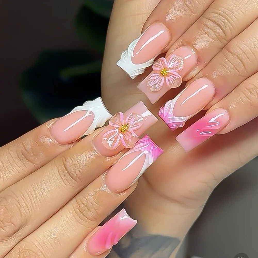 24PC Square Medium White French Press On Nails 3D Rosa Blumendekoration Nude Full Cover Wearable False Nail Valentine Fake Nail