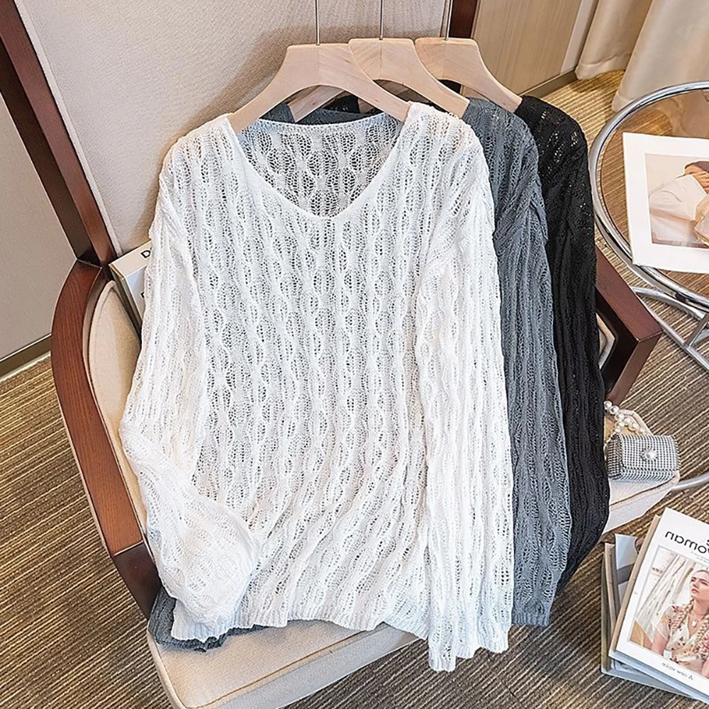 

Модный ажурный вязаный свитер, женский свободный свитер с v-образным вырезом, солнцезащитная рубашка, весенне-осенний пуловер с длинными рукавами, толстовка