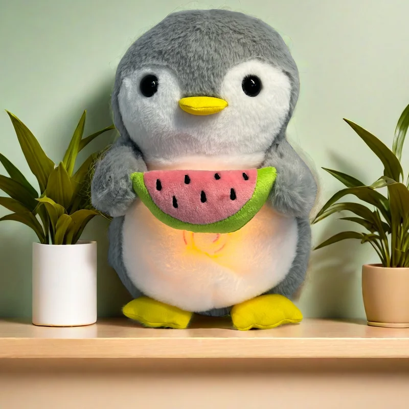 Stock soothing new breathing, glowing and vocals cute watermelon penguin musical early education doll stuffed animals