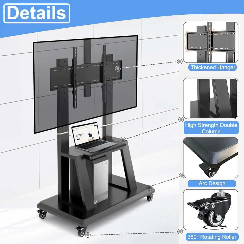 Телевизионная тележка, вращающаяся тележка на колесах, регулируемая по высоте сверхмощная напольная подставка для 42-86-дюймовых плоских панельных экранов со светодиодной подсветкой OLED