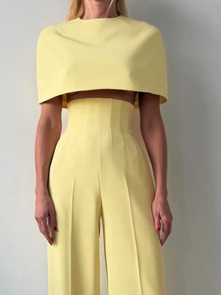 Damen-Hosenanzüge Kurze Cape-Oberteile Revers Langarm Taillierter Blazer Hochgeschnittene Hosen Schicke Büro-Damenanzüge Neu – Detail 1