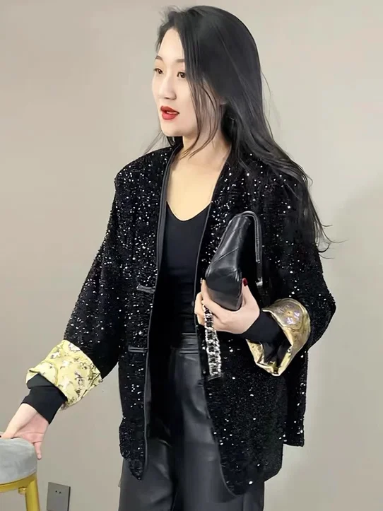 

New Chinese Sle Sequin Jaet Women's Heavy Embroidery Button up Spring Autumn Design Sense Faionable Tang Costume Top