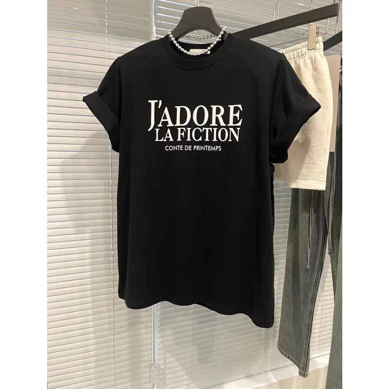 Camiseta elegante negra holgada con hombreras y manga corta para mujer, novedad de verano, versión coreana Dongda Gate, informal, mezcla de algodón