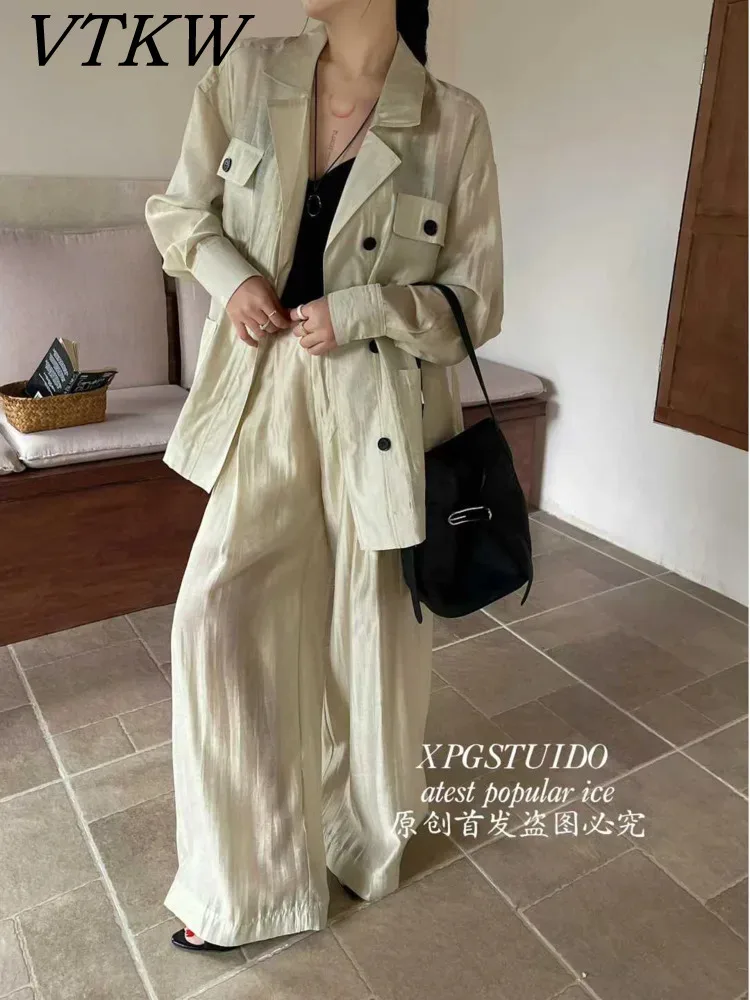 

VTKW 2026 New Arrival Women Two Piece Set Belted Cargo Jacket Notched Lapel Flap Pockets High Waist Wide Leg Trousers