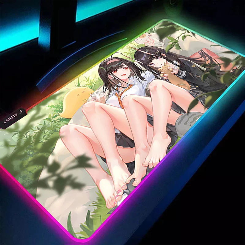 Alfombrilla de ratón para Gamer LED, alfombrilla de escritorio de chica Sexy de Anime, Azur Lane, alfombrilla para teclado de mesa bonita y moderna, alfombra RGB para ordenador portátil, alfombrilla para ratón para juegos