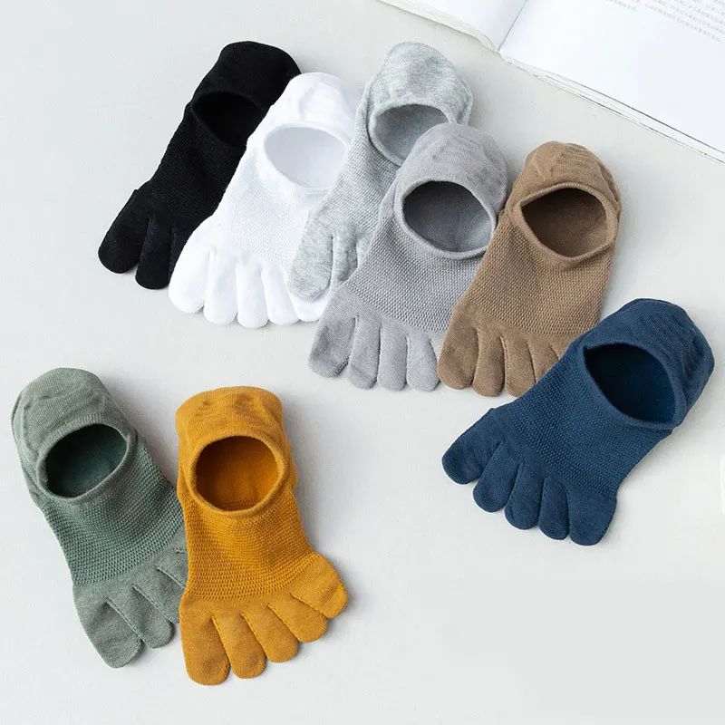 1 Pair Men's Split-Toed Socks Elastic Short Solid Cotton Non-Slip Sweat-absorbing Five Finger Invisible Low Cut Boat Ankle Sock