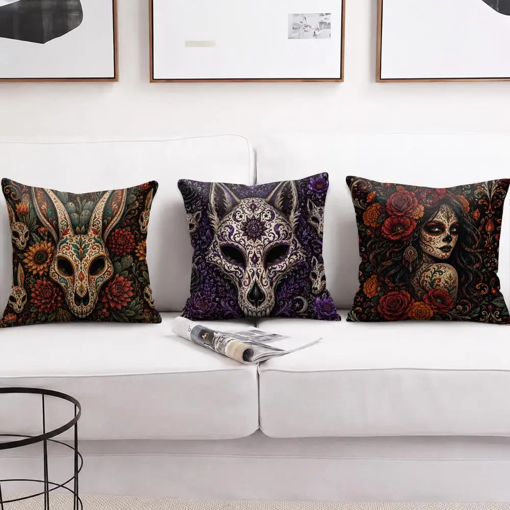 Gothic Sugar Skull Floral Cushion Cover Short Plush Soft Double-Sided Printing Pillow Case Cozy Sofa Bedroom Home Decor Gift