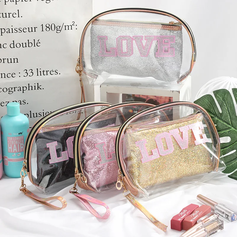 

English Letters LOVE Transparent PVC Cosmetic Bag with Liner Two-piece Set Ladies Glitter Large Capacity Waterproof Cosmetic Bag