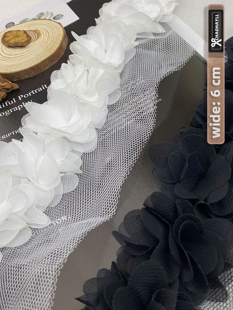 1 jard 6CM szerokości kwiatowy szyfon 3D tiulowa tkanina koronkowa dla wykończenie z frędzlami DIY sukienka na wesele marszczone mankiety sztuka