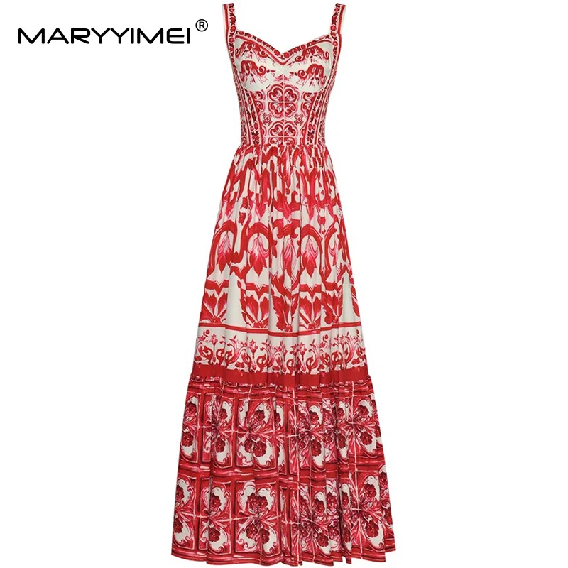 

MARYYIMEI Elegant Women's Party Prom Dress Baroque Print Sexy Spaghetti Strap Backless Big Swing Dresses Spring Summer 2025 New