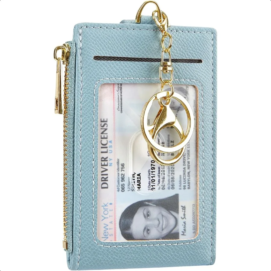 

Women Men Leather RFID Blocking Card Holder Slim Small Zipper Keychain Front Pocket Wallet with 2 ID Window