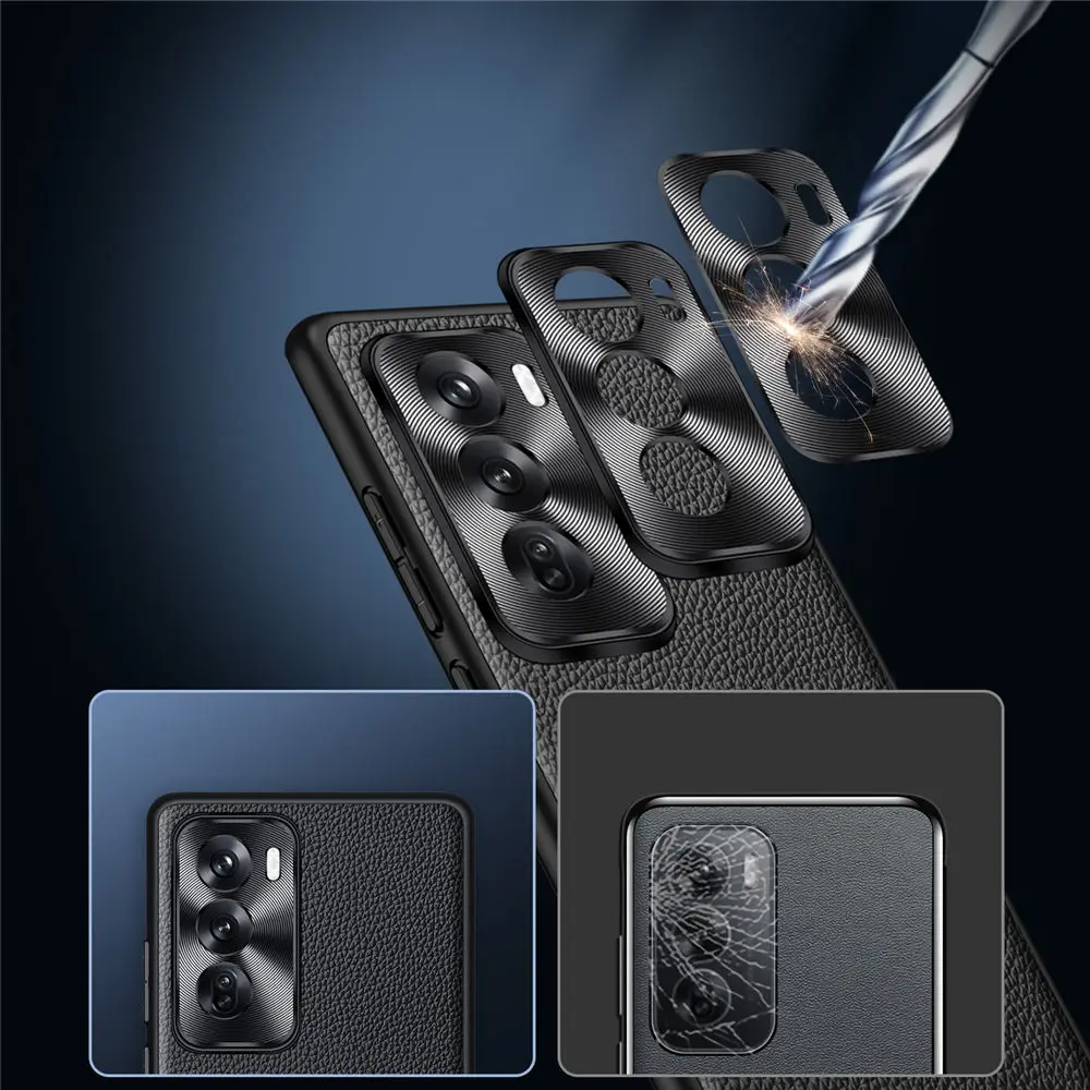 Genuine Leather Slim Case for OPPO Reno12 Pro/Reno12 Metal Ring Business Back Cover