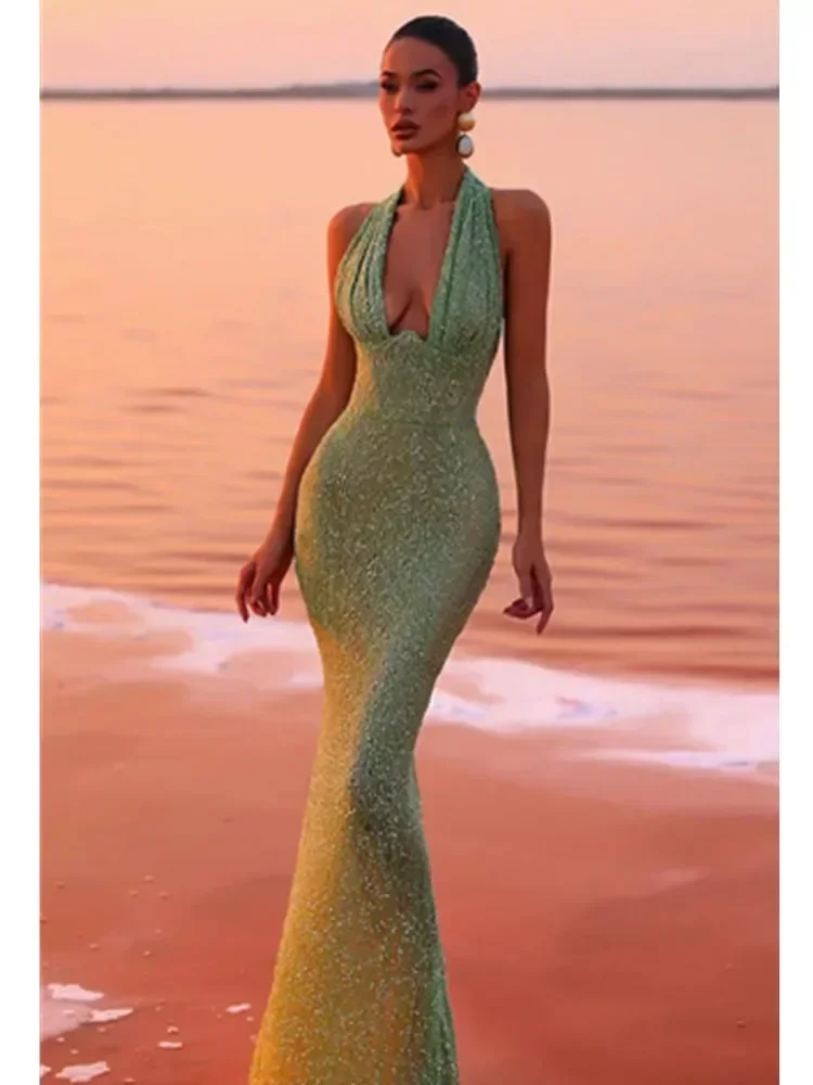 

Women Elegant Luxury Designer Party Dress Halter Sequines Glitter Maxi Long Runway Fashion Celebrity Evening Gowns Gala Dress