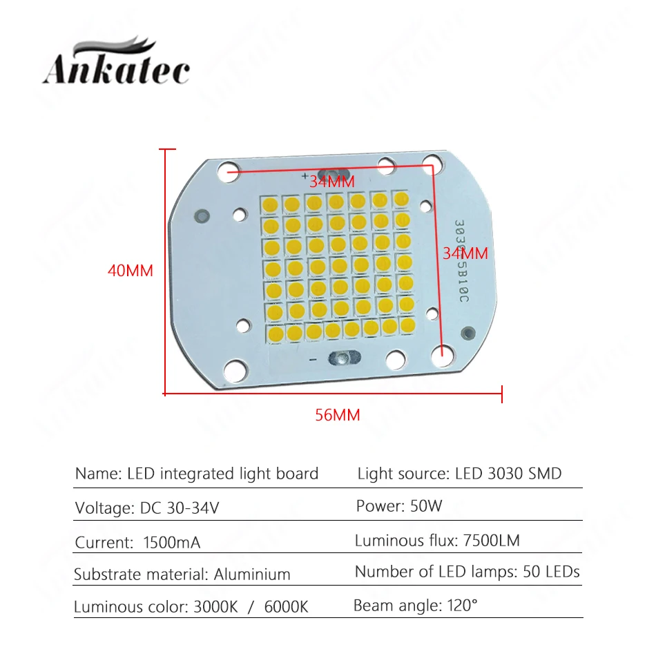 DC 30-34V 50W LED Chip High Power Integrated Light Source Board 3030 LED Lamp Beads Aluminum Substrate Warm 3000K White 6000K