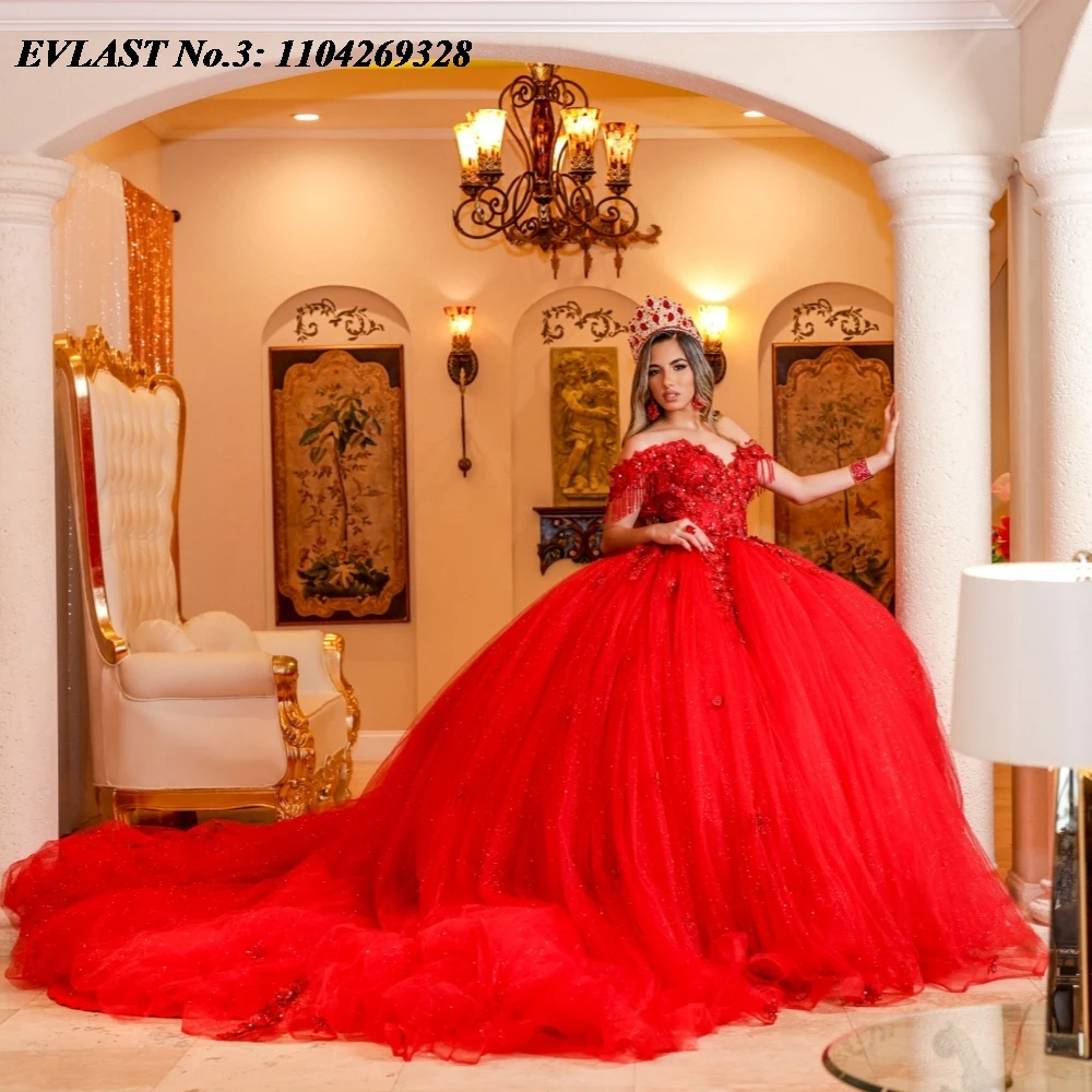 

EVLAST индивидуальное блестящее красное платье Quinceanera, бальное платье с 3D цветочной кружевной аппликацией и бисером, Sweet 16, Vestidos De 15 Anos E3Q799