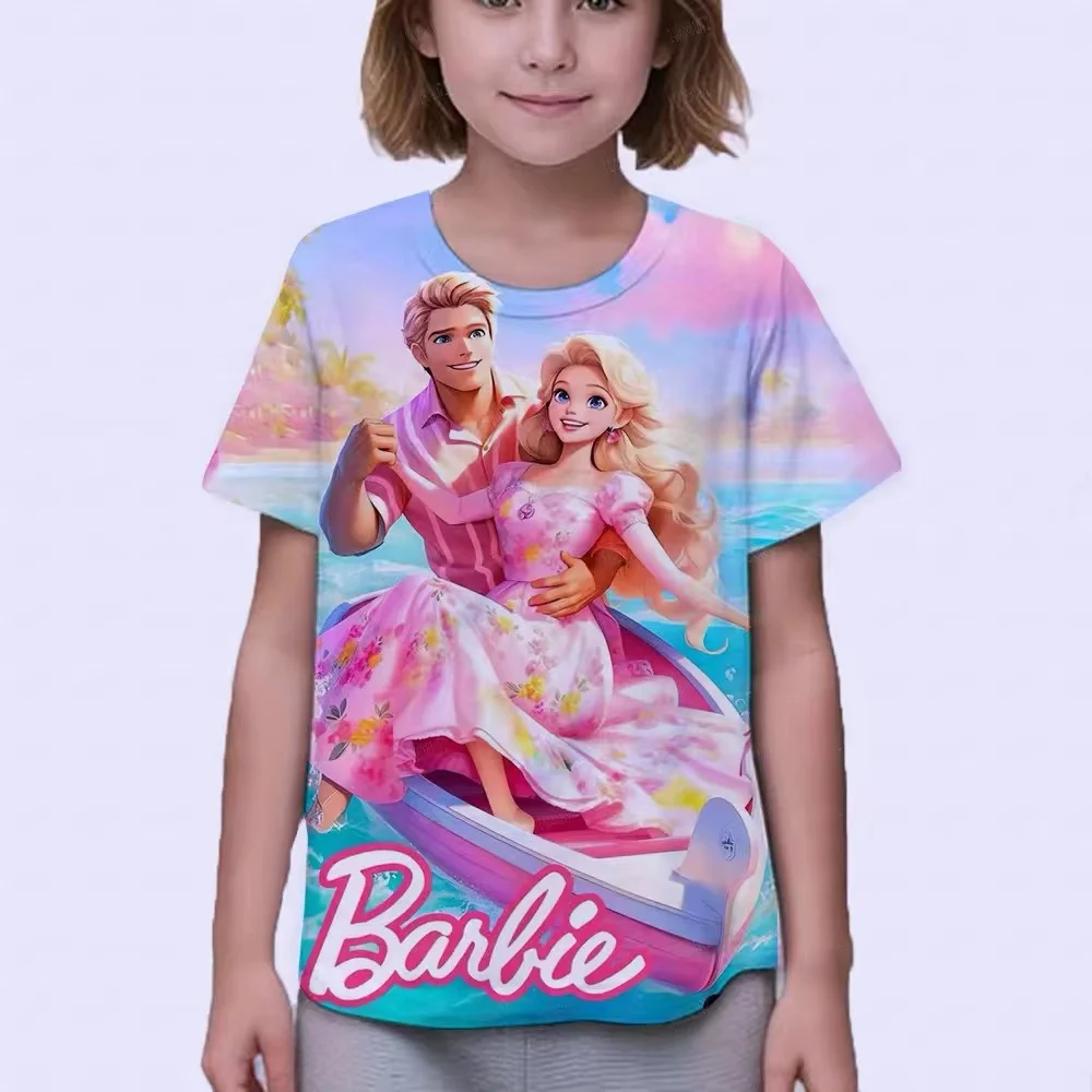 Barbie Peripheral Joint Series Childrens Cartoon Short-sleeved Sweet and Cute Pink Casual Trendy Girls T-shirt Summer New Style