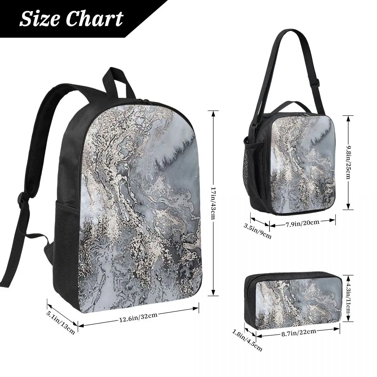 Grey And Silver Marbl Backpack Boys Girls BookBag School Bag Laptop Shoulder Bags 3ps Insulated Lunch Bag Pencil Case