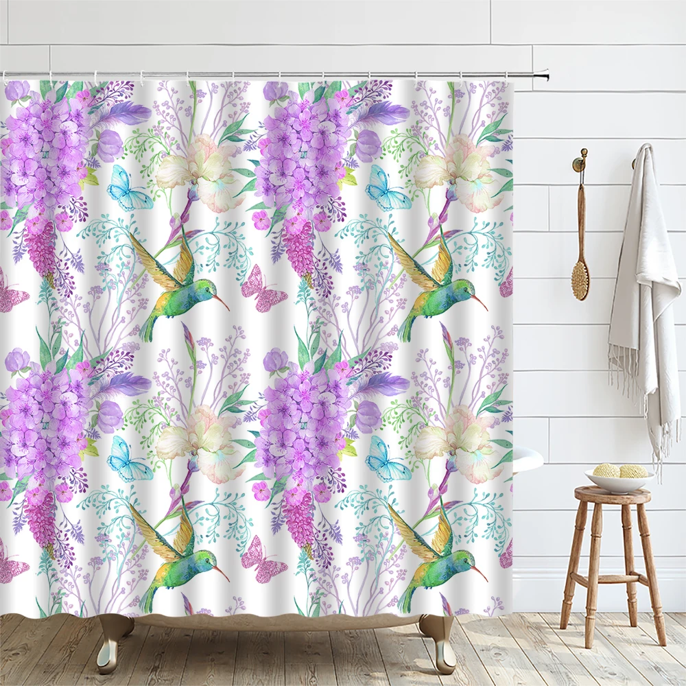 Flowers Birds Shower Curtain Purple Floral Spring Animal Toucan Parrot Bath Curtains Waterproof Fabric Bathroom Decor Screen Set