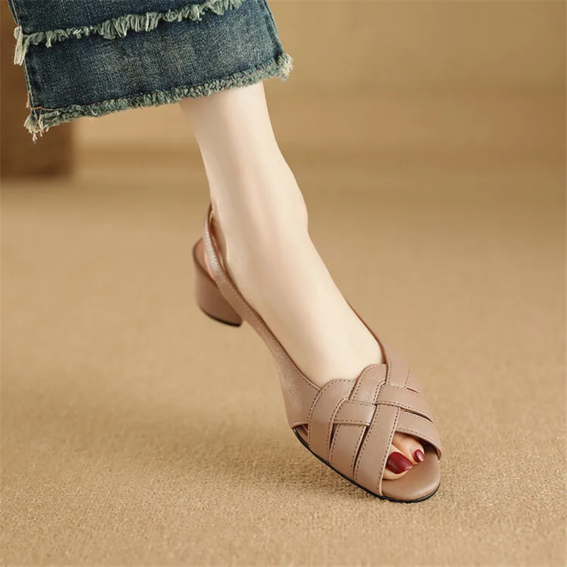 New Genuine Leather Summer Sandals Round Toe Chunky Heels Sandals for Women Zapatos Mujer Gladiator Shoes Fish Billed Sandals