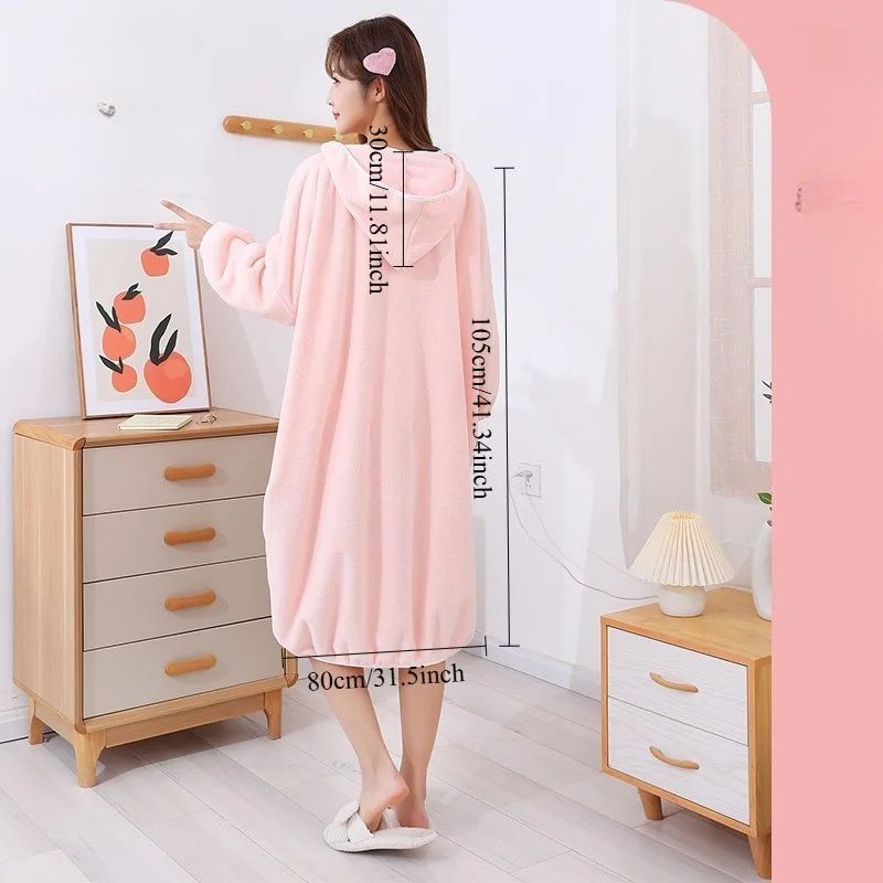 Winter Long Women Bath Robe Wearable Water Absorbent Bath Towel Coral Fleece Thickened Hooded Long Sleeve Home Bath Dress