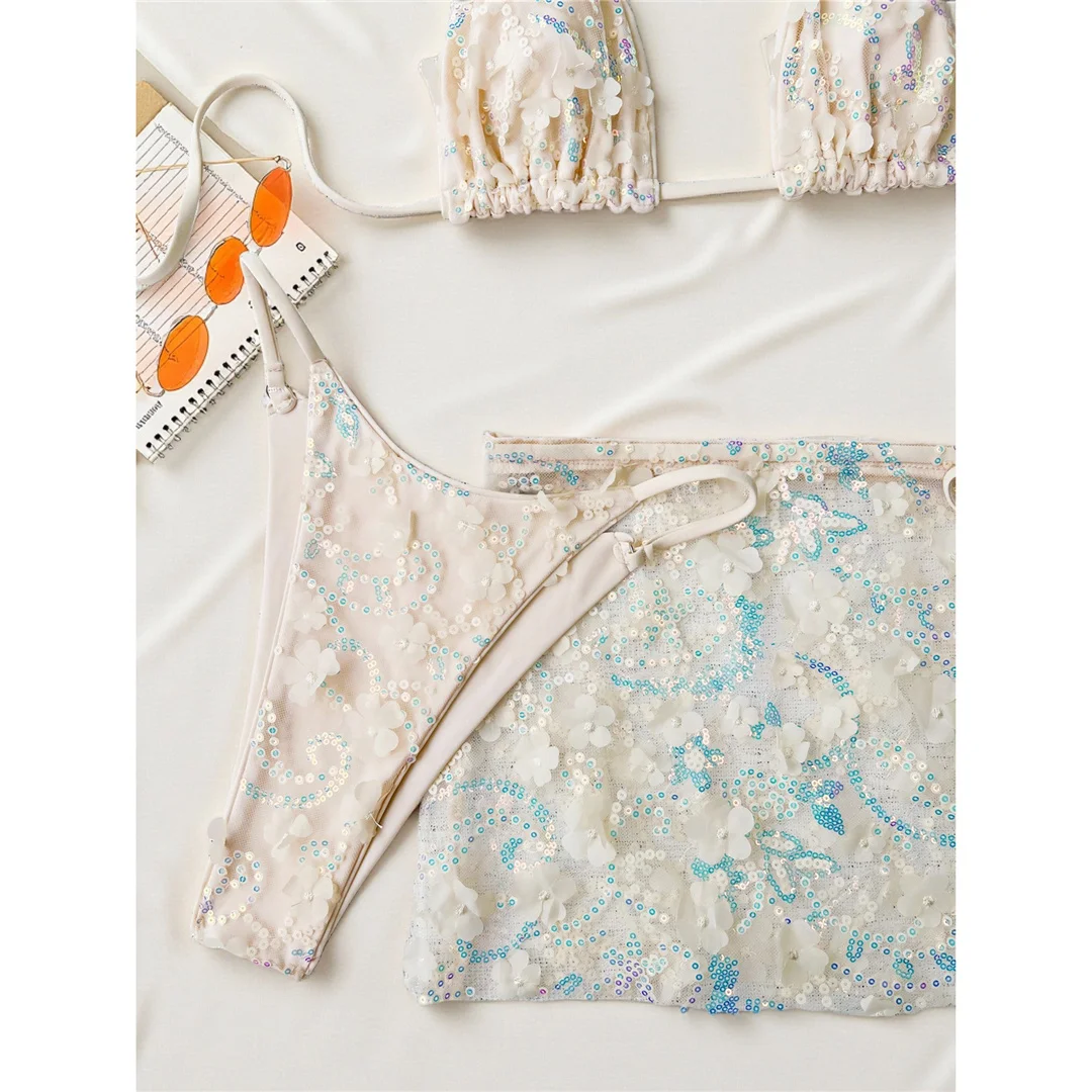 S - XL Dreiteiliges Bikini-Set mit Rock, Blumen, Pailletten, Damen-Bikini, Badeanzug, Badebekleidung, Badeanzug, Schwimmbekleidung V7864 – Detail 15