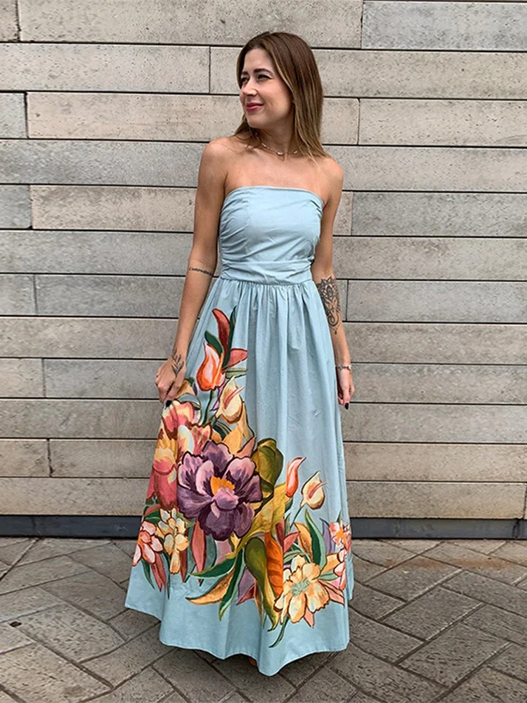 Sukienka damska bez ramiączek, drukowana, plisowana, puszysta, z szerokim dołem, podkreślona w talii, wyszczuplająca, długa sukienka plażowa, jedwabna satyna, szaty.