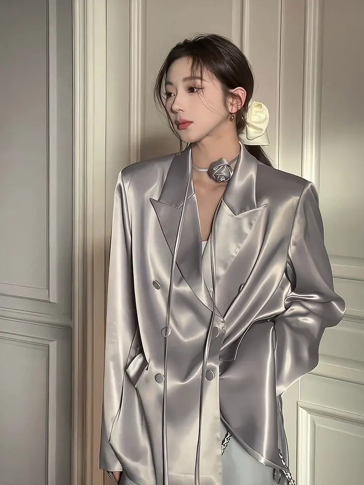 캐주얼 여성 블레이저 색상 다양 아우터웨어 체크무늬 수트 프린트 원 스탠드 패드 스트리트 여성 비대칭 디자인 레이스업 가능