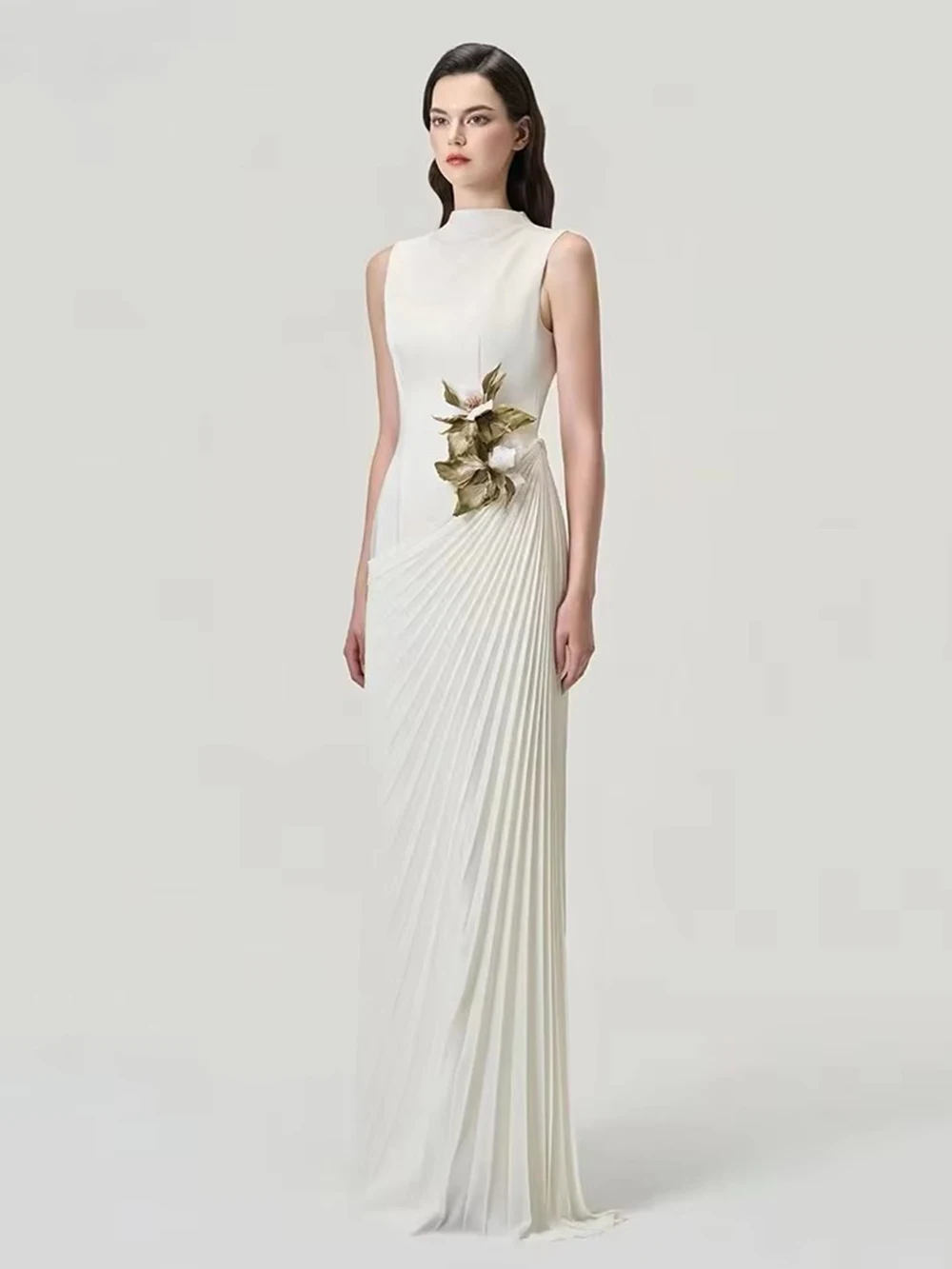 Modphy Sexy Stand Collar Flowers Pleated Patchwork Long Dress Women Sleeveless Folds Slim Elegant Dresses Evening Party Gowns
