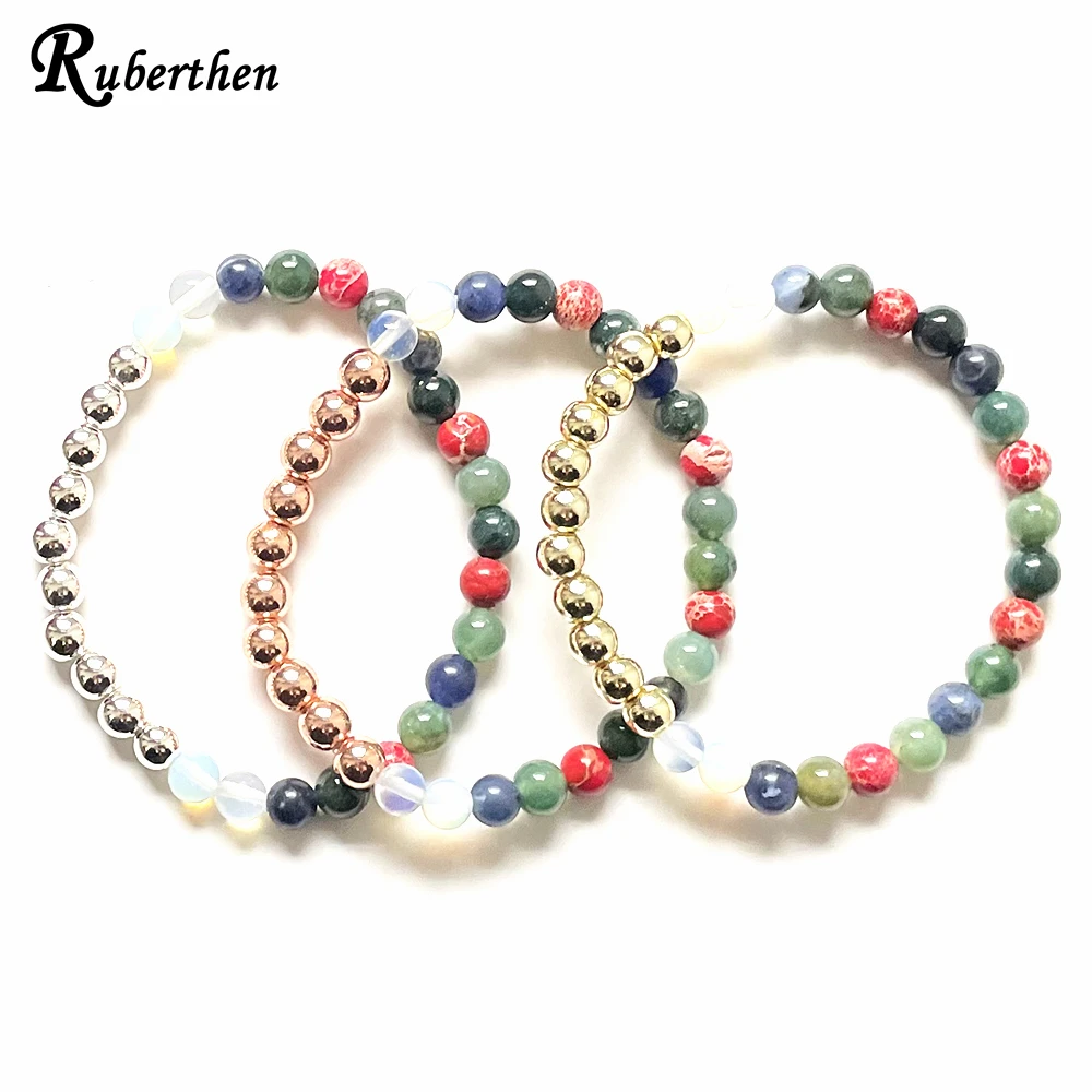 Ruberthen New Design 6 MM Opal Moss Agate Red Regalite Jasper Blue Sodalite Bracelet Womens Cooper Beads Yoga Wrist Mala