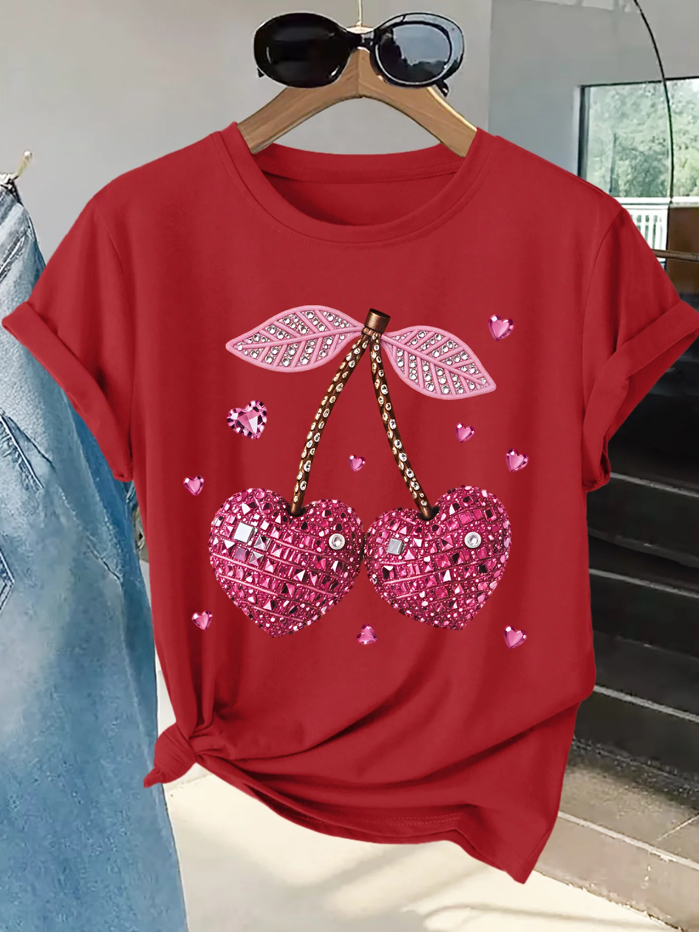 Summer Women's T-shirt Pink Diamond Cherry Small Heart Print Round Neck Summer Clothing Skin Friendly Breathable Daily Fashion