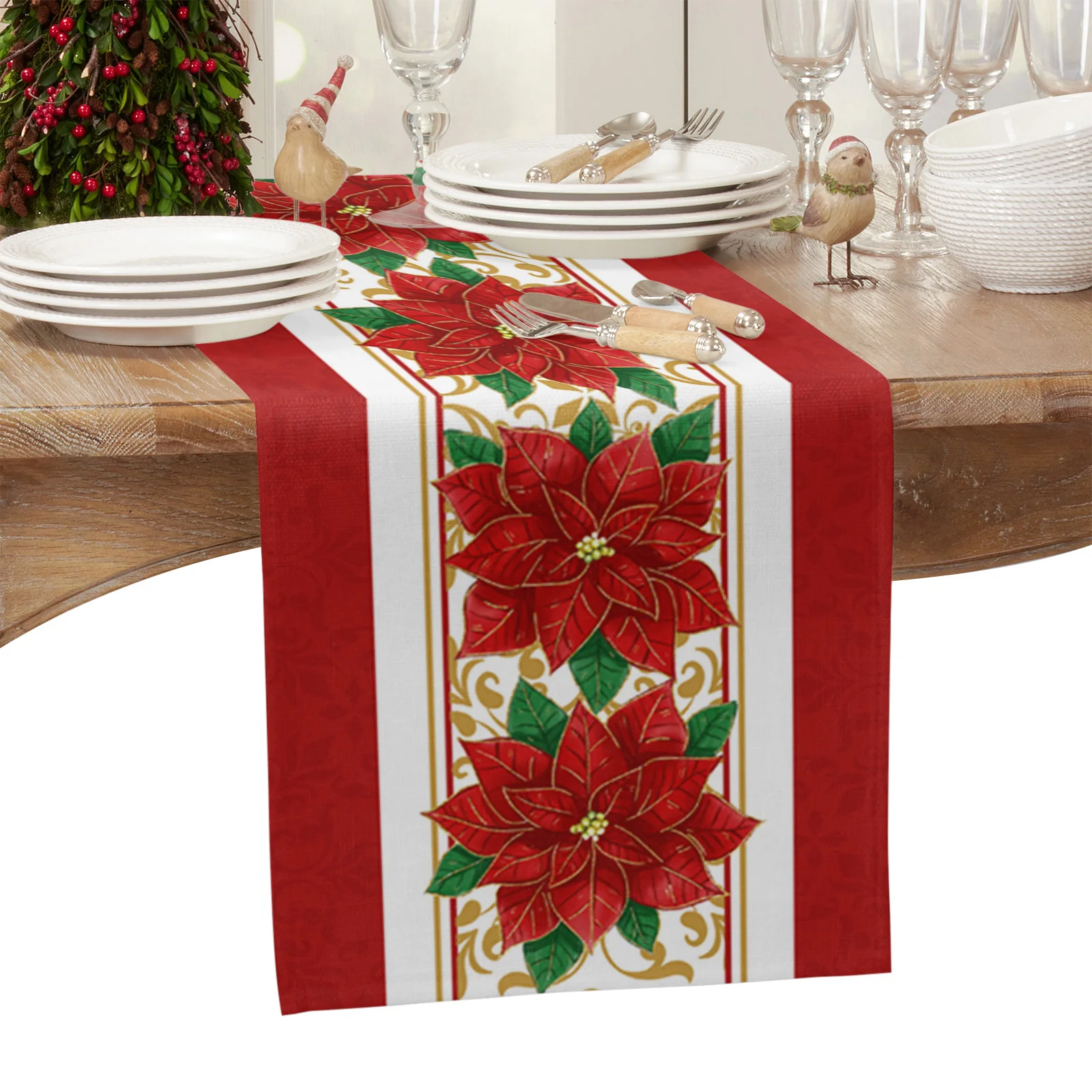 

Christmas Red Poinsettia Flowers Linen Table Runners Wedding Decorations Winter Xmas Dining Table Runners Christmas Decorations