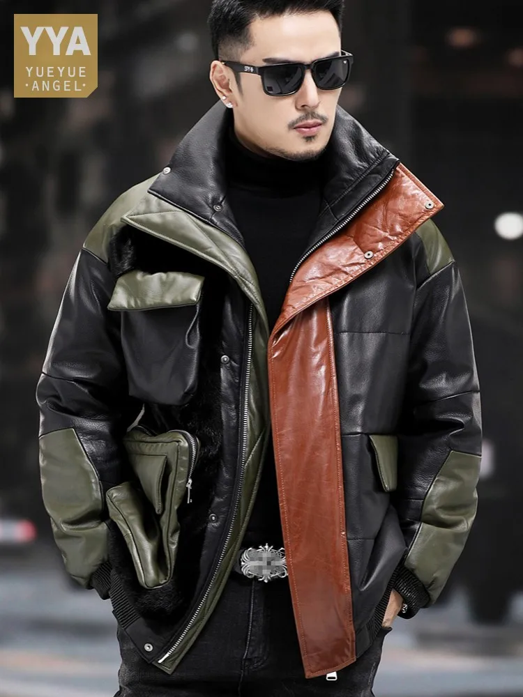 Big Pockets Work Down Jacket Men Winter Warm Loose Fit Overcoat Patchwork Genuine Leather Jacket Plus Size 5XL Cowhide Outwear