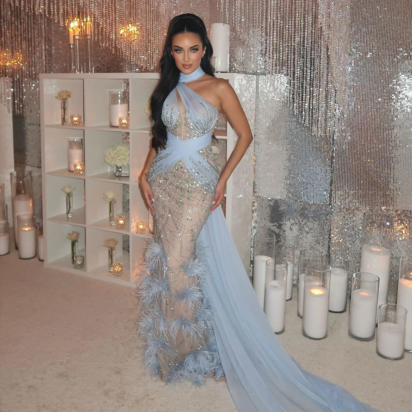 

Sharon Said Luxury Mermaid Evening Dress With Feathers Halter Long Train for Women Wedding Prom Party Gowns SS576 Customized