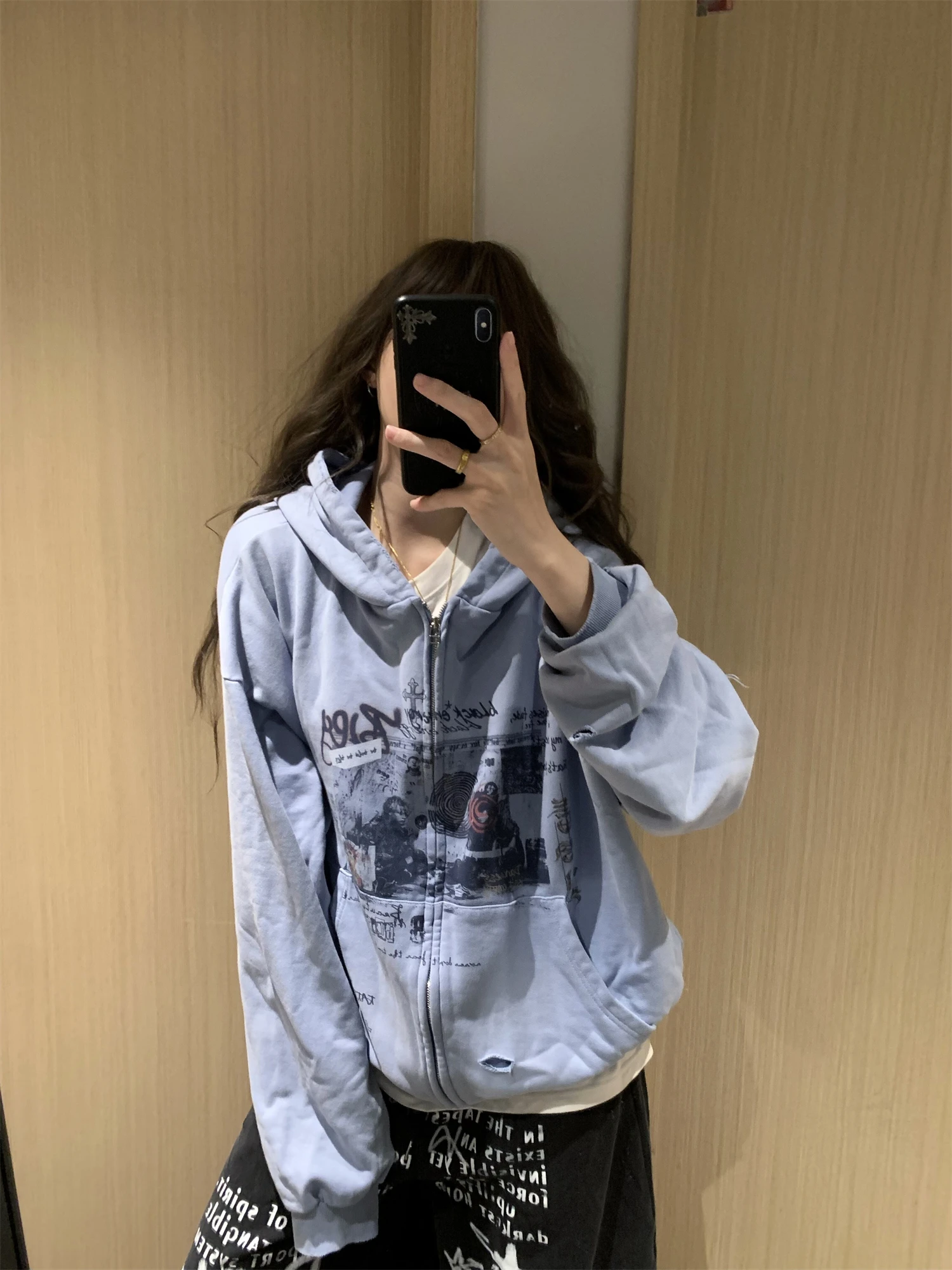 Y2K Grunge Aesthetic Light Blue Distressed Full Zip Hoodie Women Vintage Graphic Oversized Long Sleeve Casual Sweatshirt